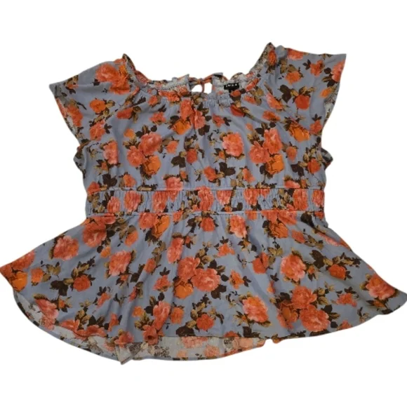 Torrid Babydoll Gauze Short Flutter Sleeve Top Light Blue Pink Floral - Picture 5 of 8